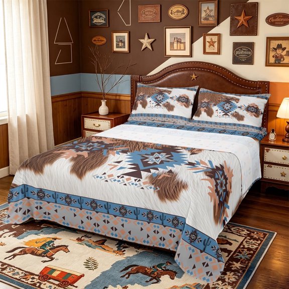 meiyoeat Western Cowhide Bed Sheets,Southwestern Aztec Full Size Sheets For Boys,Blue Peach,4pcs1 Flat Sheet, 1 Fitted Sheet and 2 Pillowcases