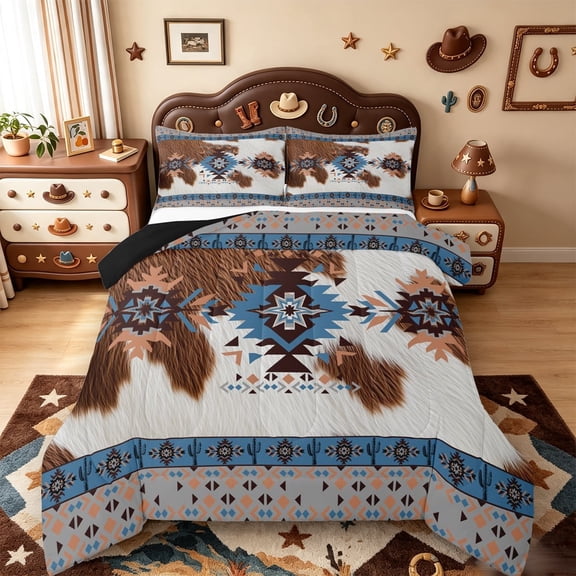 meiyoeat Western Cowhide Full Size Comforter Sets,Southwestern Aztec Bedding Comforter Set For Boys,Blue Peach,Black Reversible,3pcs,1 Comforter and 2 Pillowcases