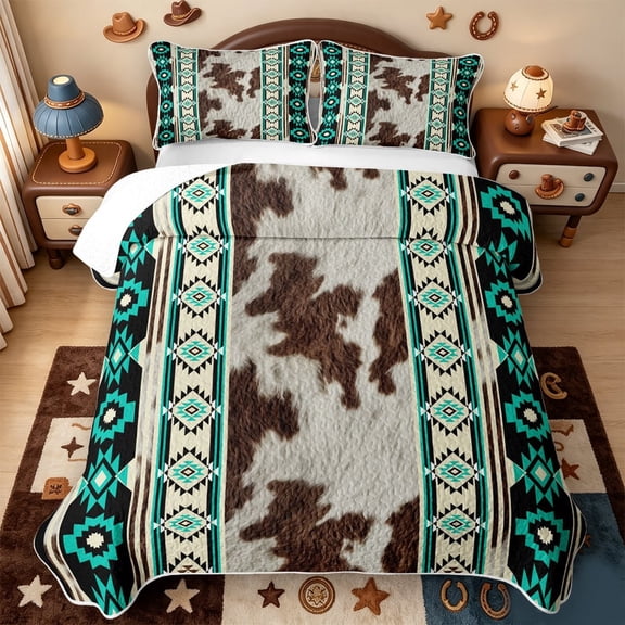 meiyoeat Western Cowhide Quilt Full,Tribal Print Full Bedspread Sets For Boys,Brown Turquoise,3 Pieces,1 Coverlet and 2 Pillowcases