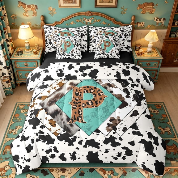 meiyoeat Western Leopard Monogram P 7-Piece King Bedding For Boys,Cow Print Initial Art King Bed In A Bag,Black Reversible
