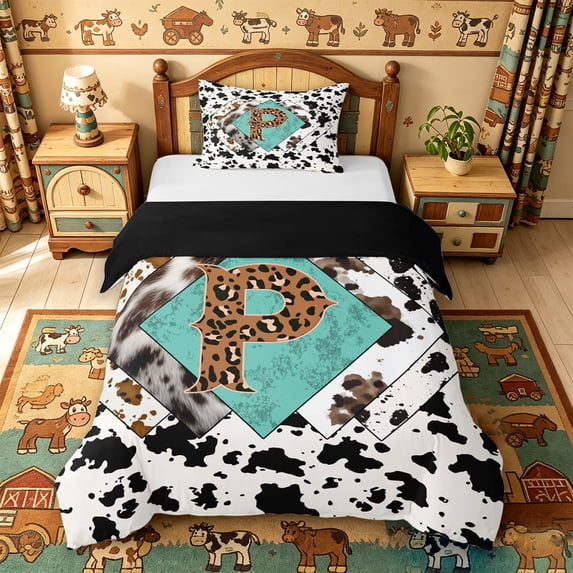 meiyoeat Western Leopard Monogram P Twin Duvet Cover For Boys,Cow Print Initial Art Twin Bedding,Black Reversible,2pcs,1 Duvet Cover and 1 Pillowcase