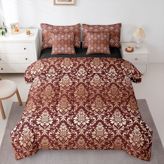 meiyoeat Western Vintage Damask 7pcs Queen Bedding,Retro Print Bedding Comforter Set Queen For Men Women,Black Reversible