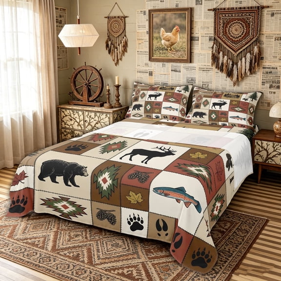 meiyoeat Western Woodland Wildlife Bed Sheets for Men Boys, Retro Tribal Cabin Patchwork Full Size Sheets, Brown, 4-Piece, 1 Flat Sheet, 1 Fitted Sheet and 2 Pillowcases