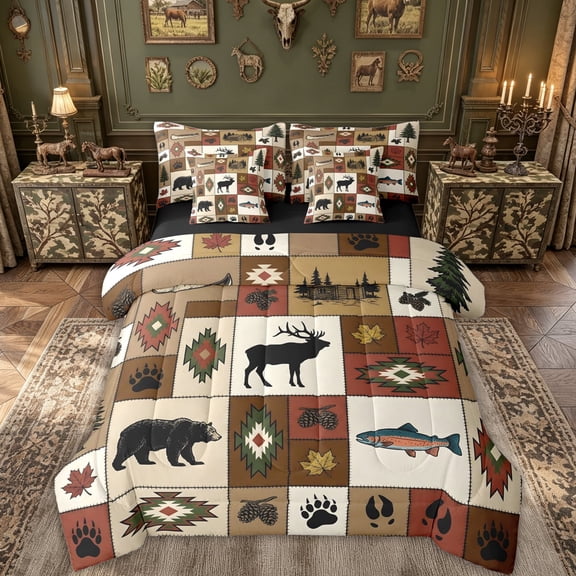 meiyoeat Western Woodland Wildlife Full Size Bedding Sets for Men Boys, Retro Tribal Cabin Patchwork Full Size Bed in a Bag, Brown, Black Reversible, 7-Piece