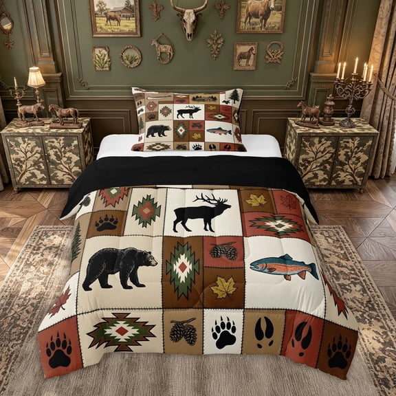meiyoeat Western Woodland Wildlife Twin Comforter Sets for Men Boys, Retro Tribal Cabin Patchwork Bedding Set, Brown, Black Reversible, 2-Piece, 1 Comforter and 1 Pillowcase