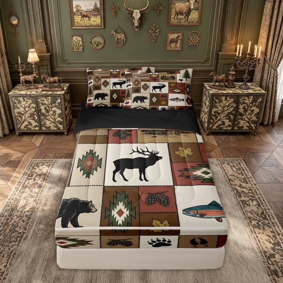 meiyoeat Western Woodland Wildlife Zipper Full Size Comforter Sets with Fitted Sheet and 2 Pillowcases for Men Boys, Retro Tribal Cabin Patchwork Zipper Bedding Set, Brown, Black Reversible, 4-Piece