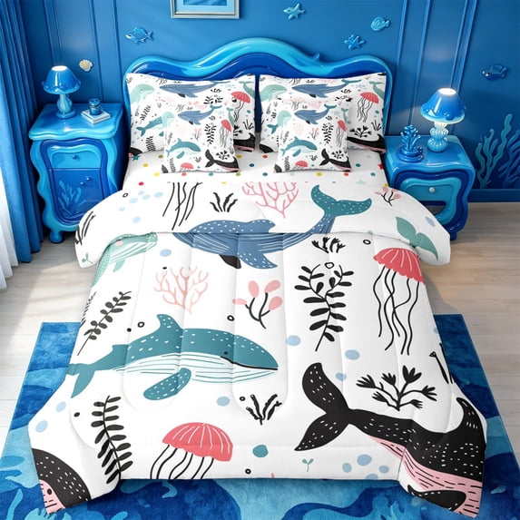meiyoeat Whale Jellyfish Ocean Pattern 7-Piece Twin Bedding,Sea Animal Print Bedding Comforter Set For Girl,Reversible