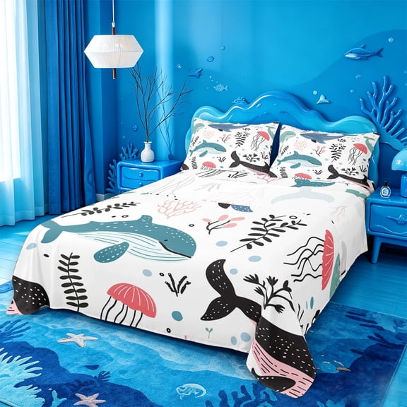 meiyoeat Whale Jellyfish Ocean Pattern Bed Sheets,Sea Animal Print Full Size Sheets For Girl,4-Piece,1 Flat Sheet,1 Fitted Sheet and 2 Pillowcases