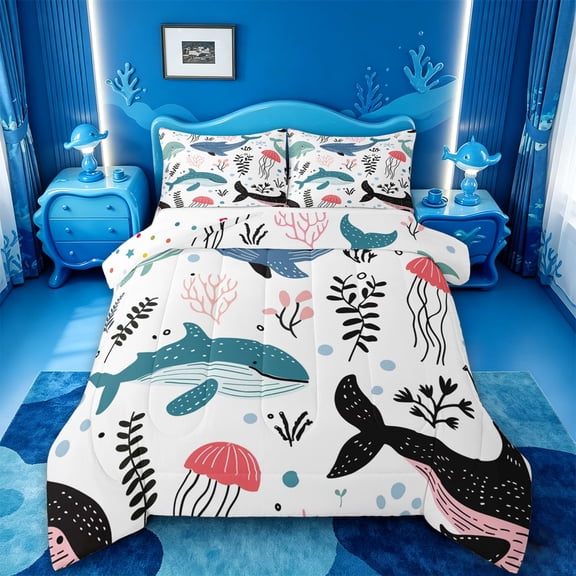 meiyoeat Whale Jellyfish Ocean Pattern Full Size Comforter Sets,Sea Animal Print Bedding Comforter Set For Girl,Reversible,3-Piece,1 Comforter and 2 Pillowcases