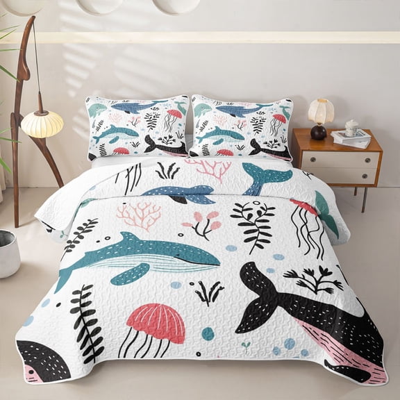 meiyoeat Whale Jellyfish Ocean Pattern Twin Quilt Set,Sea Animal Print Twin Coverlet Set For Girl,2-Piece