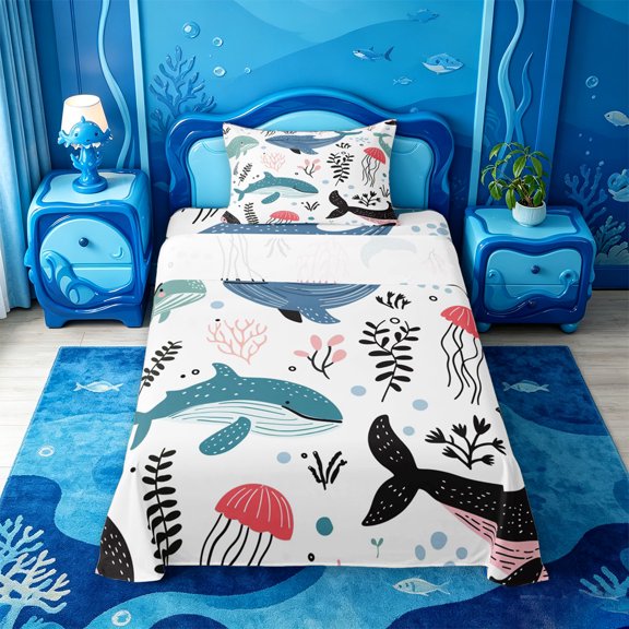 meiyoeat Whale Jellyfish Ocean Pattern Twin Sheets,Sea Animal Print Bedding For Girl,3pcs,1 Fitted Sheet and 1 Pillowcase