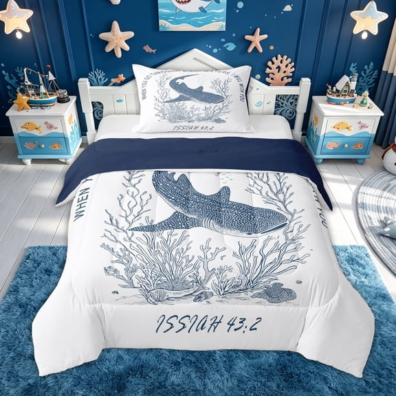 meiyoeat Whale Shark Twin Comforter Sets for Kids Boys, Cartoon Ocean Animal Bedding Set for Bedroom, Blue White, Blue Reversible, 2pcs