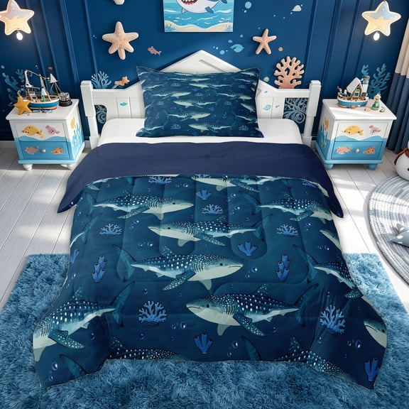 meiyoeat Whale Shark Twin Comforter Sets for Kids Boys, Navy Coral Reef Bedding Set for Bedroom, Blue Reversible, 2pcs