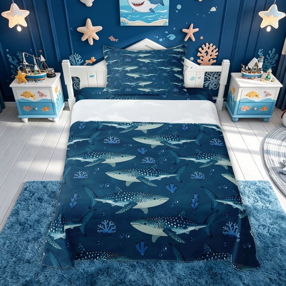 meiyoeat Whale Shark Twin Sheets for Kids Boys, Navy Coral Reef Bedding for Bedroom, 3pcs