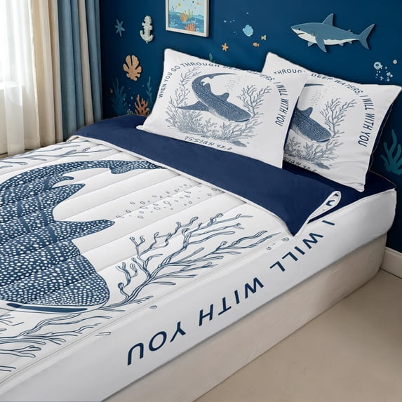 meiyoeat Whale Shark Zipper Full Size Comforter Sets with Fitted Sheet and 2 Pillowcases for Kids Boys, Cartoon Ocean Animal Zipper Bedding Set for Bedroom, Blue White, Blue ReversibleB