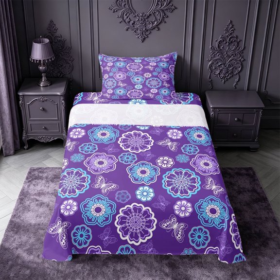 meiyoeat Whimsical Floral Twin Sheets For Men Women,Butterfly Pattern Bedding,Purple Blue,3pcs1 Flat Sheet, 1 Fitted Sheet and 1 Pillowcase