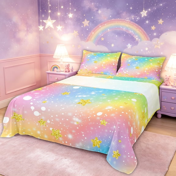 meiyoeat Whimsical Star Queen Sheets, Rainbow Sky Queen Sheet Sets for Bedroom, Orange Yellow, 4 Pieces