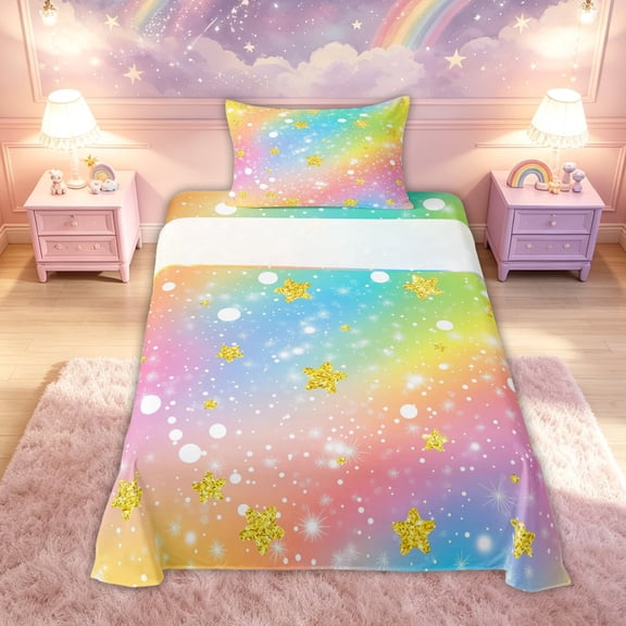 meiyoeat Whimsical Star Twin Sheets for Kids, Rainbow Sky Bedding for Bedroom, Orange Yellow, 3 Pieces