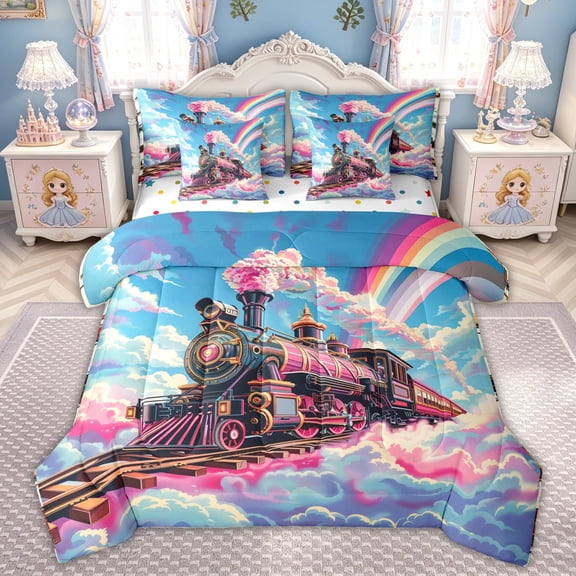 meiyoeat Whimsical Train Full Size Bedding Sets for Kids, Rainbow Cloud Full Size Bed in a Bag for Bedroom, Multicolor, Polkadot Reversible, 7pcs