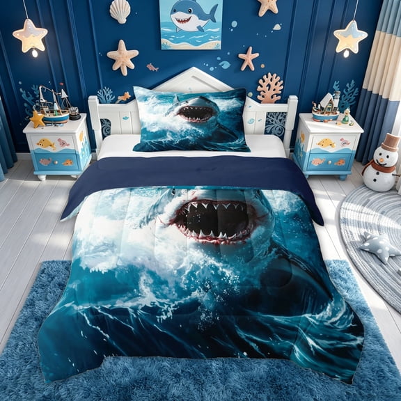 meiyoeat White Shark Ocean Wave Twin Comforter Sets for Boys Kids, Sea Marine Wildlife Bedding Set, Blue, Blue Reversible, 2pcs, 1 Comforter and 1 Pillowcase