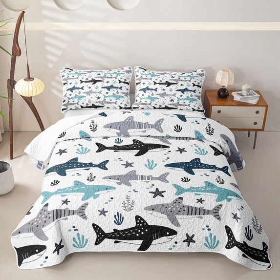 meiyoeat White Stars Shark Quilt King for Boys Girls, Cute Underwater Marine Wildlife King Coverlet Set, Blue White, 3 Pieces