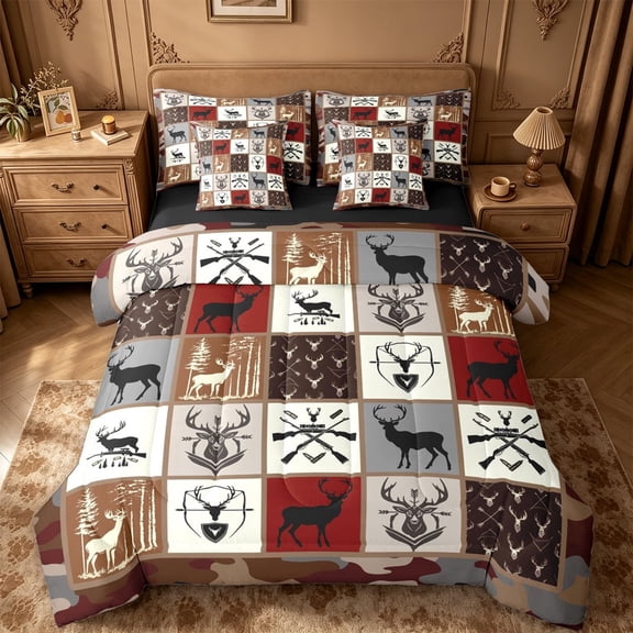 meiyoeat Wild Animal Deer 7-Piece King Bedding,For Men,Retro Farmhouse Camouflage Hunting King Bed in a Bag For Kids,Black Reversible