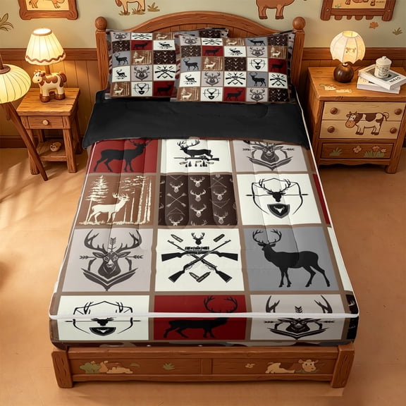 meiyoeat Wild Animal Deer Zipper Twin Comforter Sets with Fitted Sheet and 2 Pillowcases,For Men,Retro Farmhouse Camouflage Hunting Zipper Bedding Set For Kids,Black Reversible,4-Piece