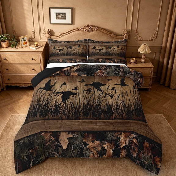 meiyoeat Wild Animal Mallard King Size Comforter Sets,Rustic Camo Wood Print Comforters King Size For Kids Boys,Black Reversible,3 Pieces