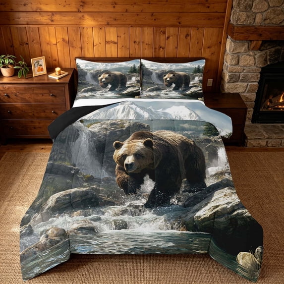 meiyoeat Wild Bear Queen Comforter Set, Nature Mountain Waterfall Bedding Comforter Set, Brown Green, Black Reversible 3-Piece, 1 Comforter and 2 Pillowcases
