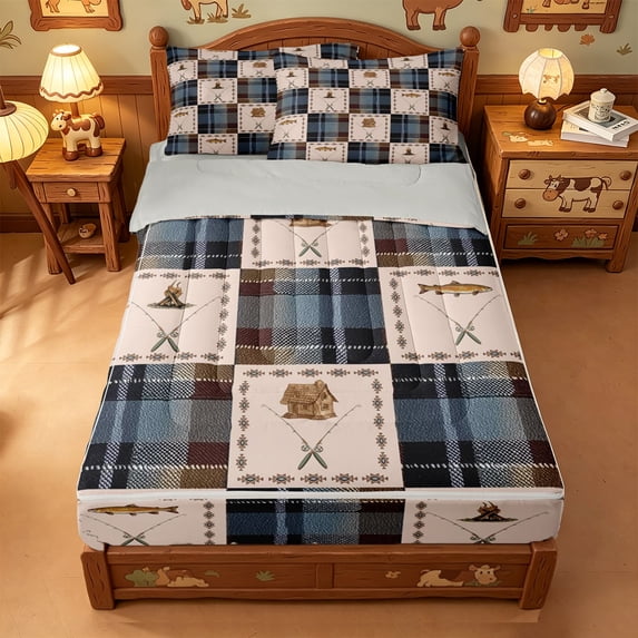 meiyoeat Wild Pike Fish Zipper Full Size Comforter Sets with Fitted Sheet and 2 Pillowcases For Boys,Vintage Patchwork Geometric Plaid Zipper Bedding Set For Kids,Light Gray Reversible,4 Pieces