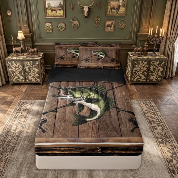 meiyoeat Wooden Fishing Bass Zipper Twin Comforter Sets with Fitted Sheet and 2 Pillowcases for Men Boys, Brown Vintage Lodge Cabin Zipper Bedding Set, Black Reversible, 4-Piece
