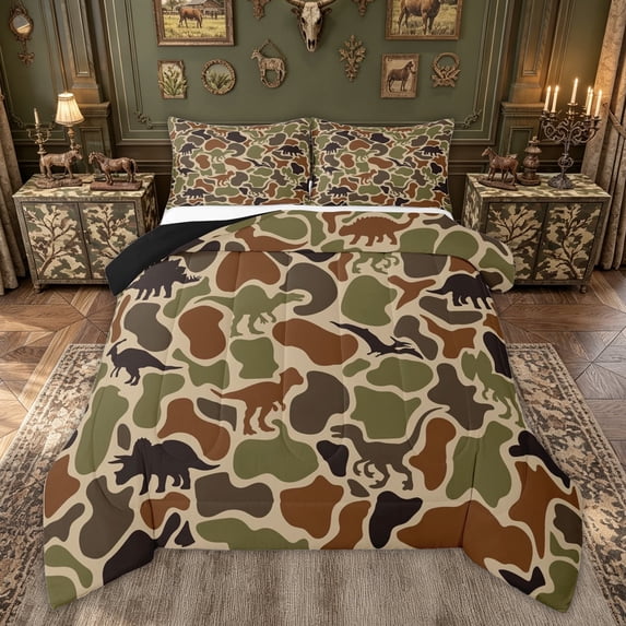 meiyoeat Woodland Camo Dinosaur Full Size Comforter Sets for Kids Boys, Cartoon Dino Wildlife Bedding Comforter Set, Brown Green, Black Reversible, 3pcs, 1 Comforter and 2 Pillowcases