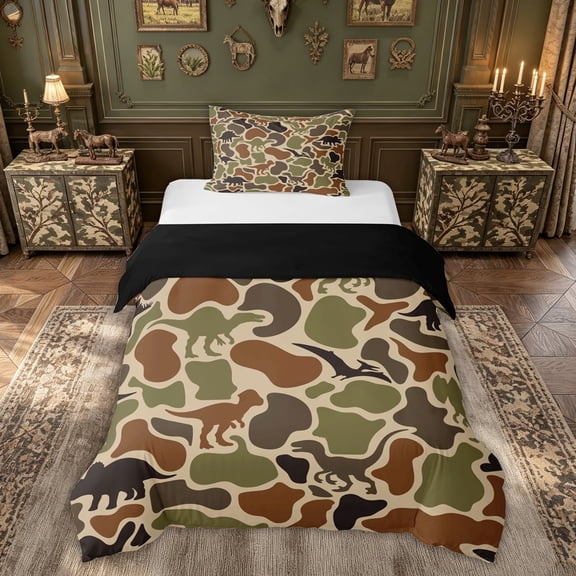 meiyoeat Woodland Camo Dinosaur Twin Duvet Cover for Kids Boys, Cartoon Dino Wildlife Twin Bedding, Brown Green, Black Reversible, 2pcs, 1 Duvet Cover and 1 Pillowcase