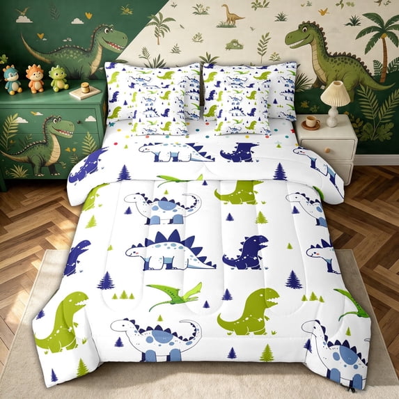 meiyoeat Woodland Dinosaur Twin Bedding for Boys Bedding, Pine Jungle Wildlife Bedding Comforter Set, White Green Navy, Polkadot Reversible, 7pcs