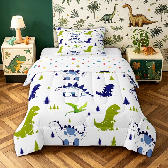 meiyoeat Woodland Dinosaur Twin Comforter Sets for Boys Bedding, Pine Jungle Wildlife Bedding Set, White Green Navy, Polkadot Reversible, 2pcs, 1 Comforter and 1 Pillowcase