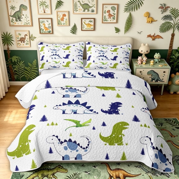 meiyoeat Woodland Dinosaur Twin Quilt Set for Boys Bedding, Pine Jungle Wildlife Twin Coverlet Set, White Green Navy, 2pcs, 1 Comforter and 1 Pillowcase