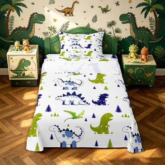 meiyoeat Woodland Dinosaur Twin Sheets for Boys Bedding, Pine Jungle Wildlife Bedding, White Green Navy, 3pcs, 1 Flat Sheet, 1 Fitted Sheet and 1 Pillowcase