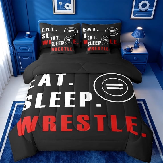 meiyoeat Wrestle Sport 7-Piece Twin Bedding For Boys,Modern Minimalist Style Bedding Comforter Set For Kids,Black Reversible