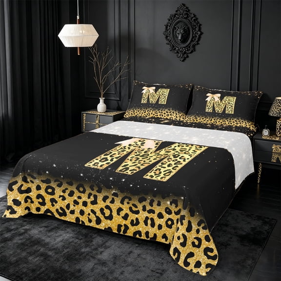 meiyoeat Yellow Princess Bow Bed Sheets,Classic Leopard Print Alphabet Letter M Full Size Sheets For Girl,4 Pieces,1 Flat Sheet,1 Fitted Sheet and 2 Pillowcases