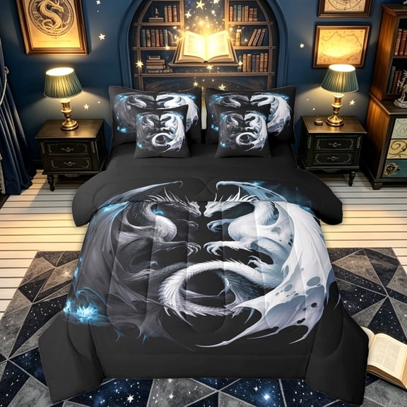 meiyoeat Yin Yang Dragon Twin Bedding for Boys, Frost Magic Animal Bedding Comforter Set, Black White, Black Reversible, 7-Piece