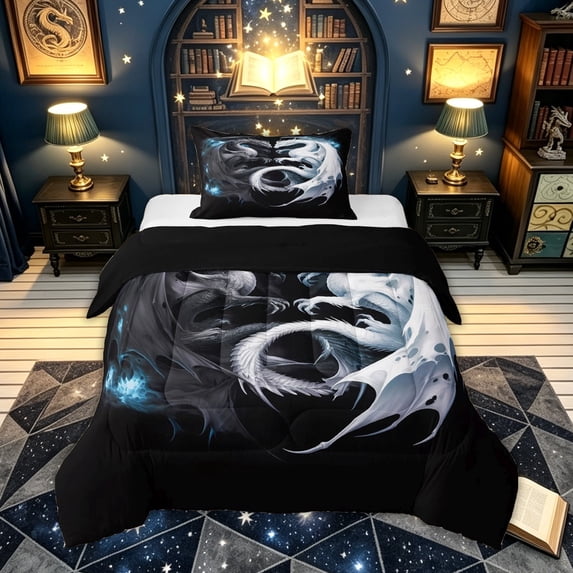 meiyoeat Yin Yang Dragon Twin Comforter Sets for Boys, Frost Magic Animal Bedding Set, Black White, Black Reversible, 2-Piece, 1 Comforter and 1 Pillowcase