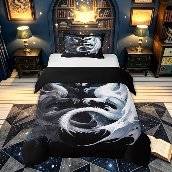 meiyoeat Yin Yang Dragon Twin Duvet Cover for Boys, Frost Magic Animal Twin Bedding, Black White, Black Reversible, 2-Piece, 1 Duvet Cover and 1 Pillowcase