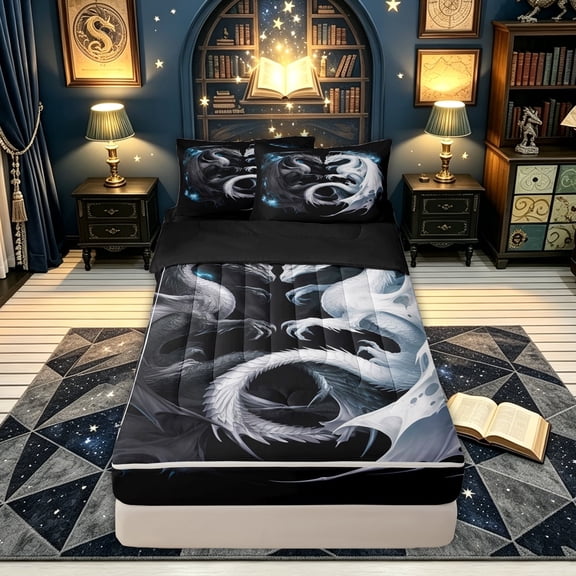 meiyoeat Yin Yang Dragon Zipper Twin Comforter Sets with Fitted Sheet and 2 Pillowcases for Boys, Frost Magic Animal Zipper Bedding Set, Black White, Black Reversible, 4-Piece