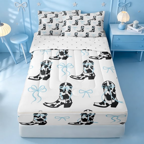 meiyoeat blue Ribbon Bow Zipper Twin Comforter Sets with Fitted Sheet and 2 Pillowcases,Western Cowgirl Boots Print Zipper Bedding Set,Reversible,4 Pieces