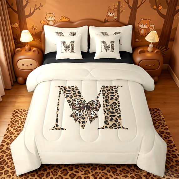meiyoeat bow Monogram M Print 7-Piece Twin Bedding,Fashion Leopard Print Bedding Comforter Set,Black Reversible