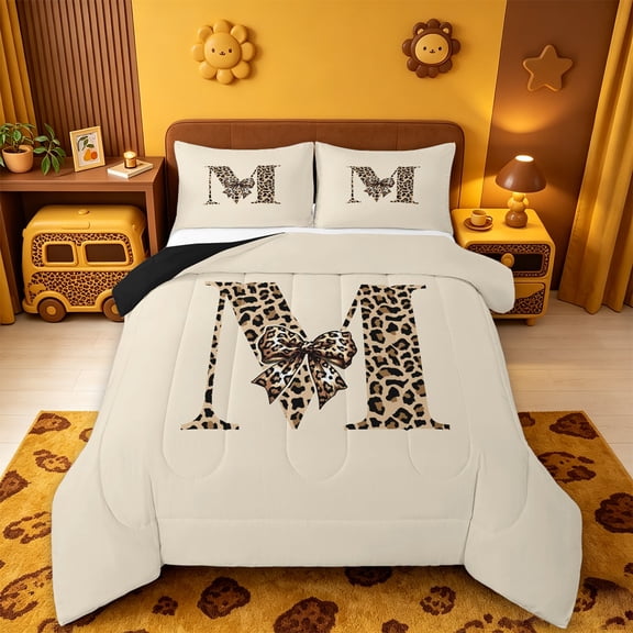 meiyoeat bow Monogram M Print Full Size Comforter Sets,Fashion Leopard Print Bedding Comforter Set,Black Reversible,3 Pieces,1 Comforter and 2 Pillowcases