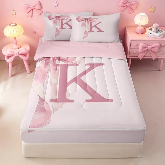 meiyoeat bowknot Monogram K Zipper Full Size Comforter Sets with Fitted Sheet and 2 Pillowcases,Cute Coquette Bows Zipper Bedding Set,Pink Reversible,4-Piece