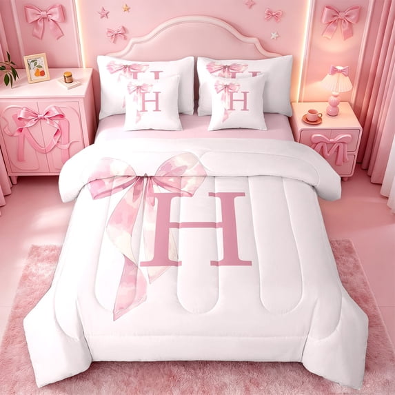 meiyoeat bowtie Watercolor Monogram 7-Piece Twin Bedding,Cute Bow Knot Initial Art Bedding Comforter Set,Pink Reversible