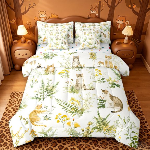 meiyoeat cute Kawaii 7-Piece Twin Bedding,Green Rustic Botanical Bedding Comforter Set,Reversible