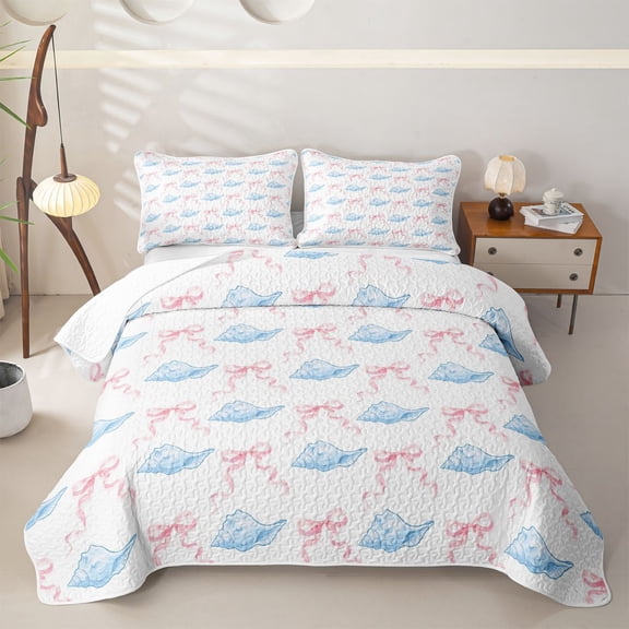 meiyoeat cute Seashell Bow Twin Quilt Set,Watercolor Coastal Style Twin Coverlet Set,2pcs